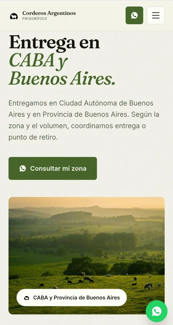 El mismo sitio en celular, con el botón de WhatsApp a la vista.