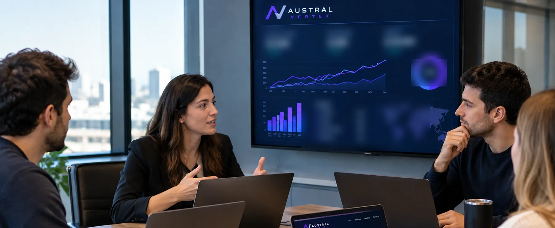 Equipo de trabajo reunido frente a una pantalla con un tablero de indicadores de Austral Vertex.