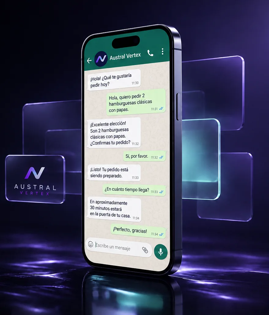 Teléfono mostrando una conversación de WhatsApp con un agente de Austral Vertex que toma un pedido y confirma el tiempo de entrega.